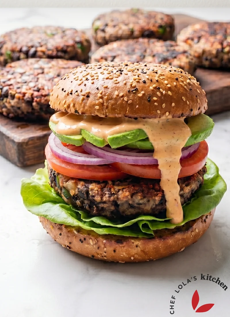 Delicious black bean burger with lettuce, tomato, and a whole-grain bun.