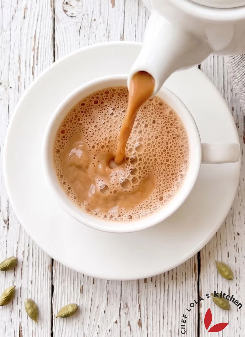 A warm cup of East African chai tea served in a glass mug with spices
